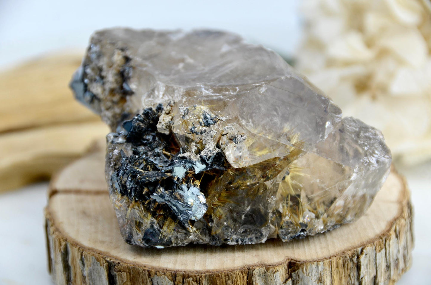 Rutile Smoky Quartz with Tourmaline and Hematite