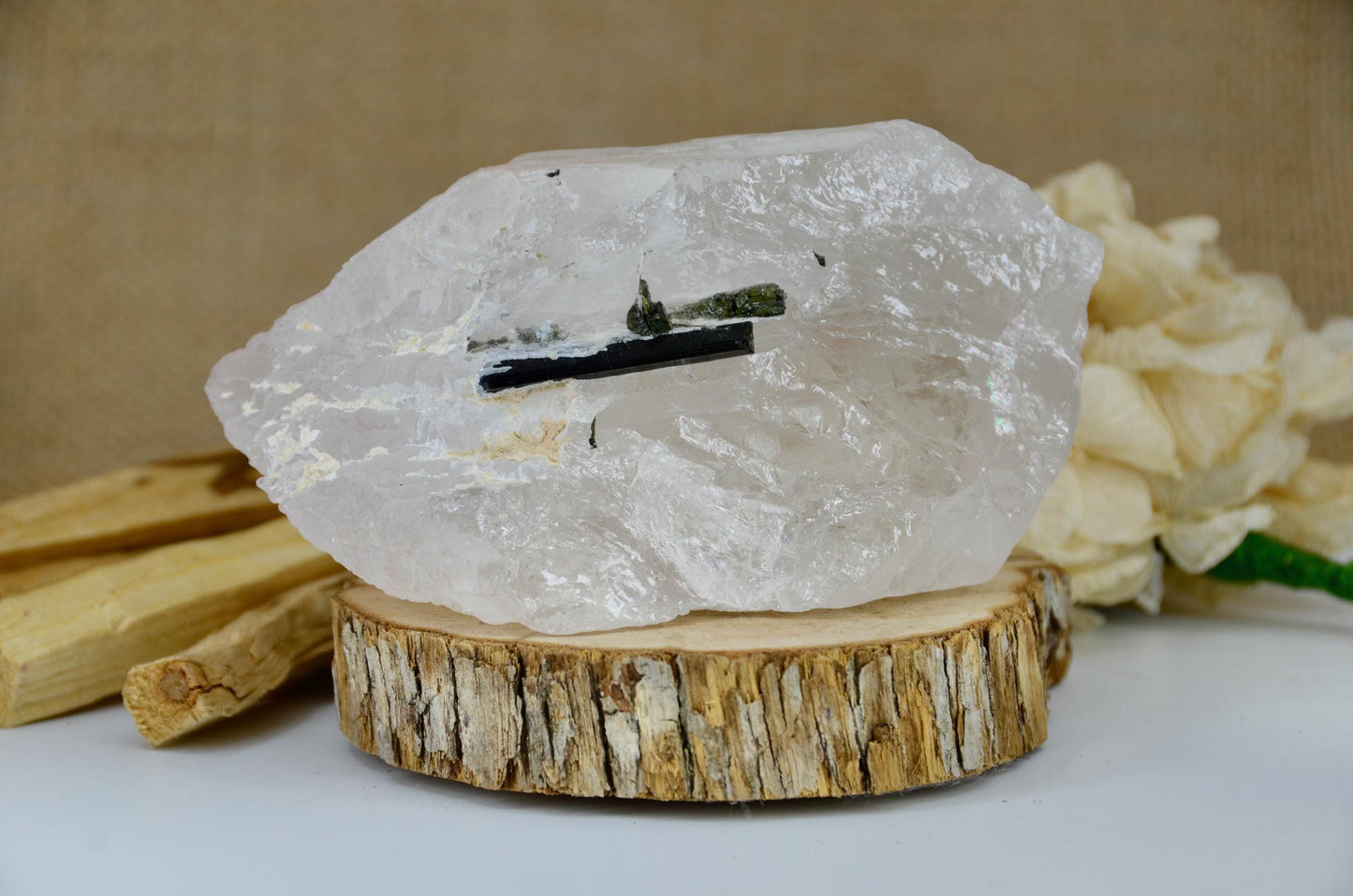 Rose Quartz Overgrowth With Green Tourmaline / Rare Crystal / Metaphysical and Spiritual / Gemstones and Minerals