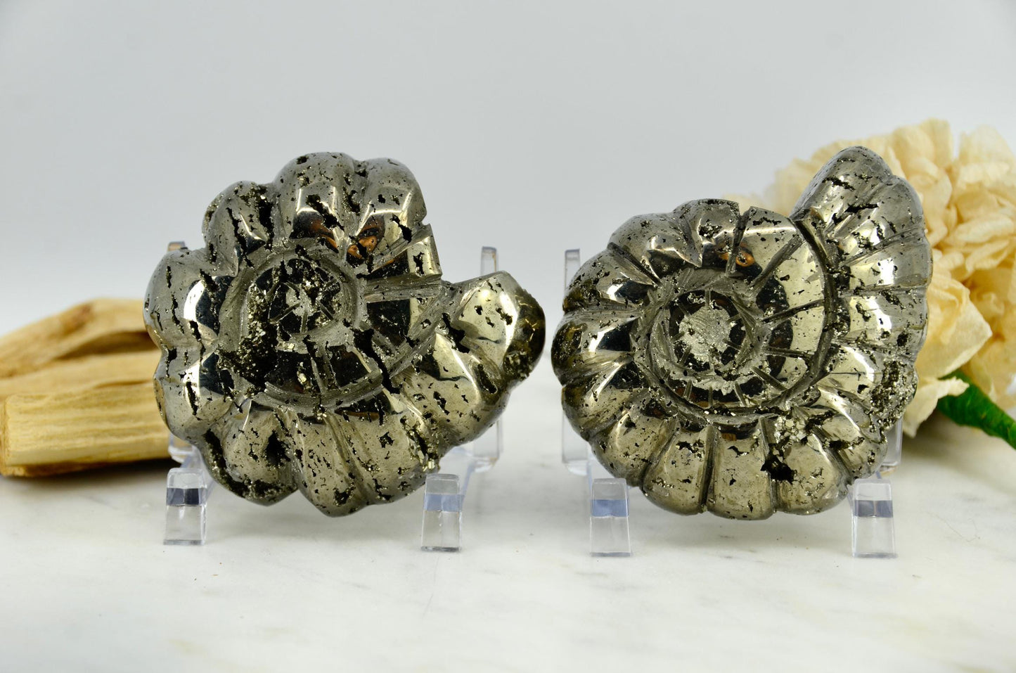 Large Pyrite Crystal Ammonite Carving