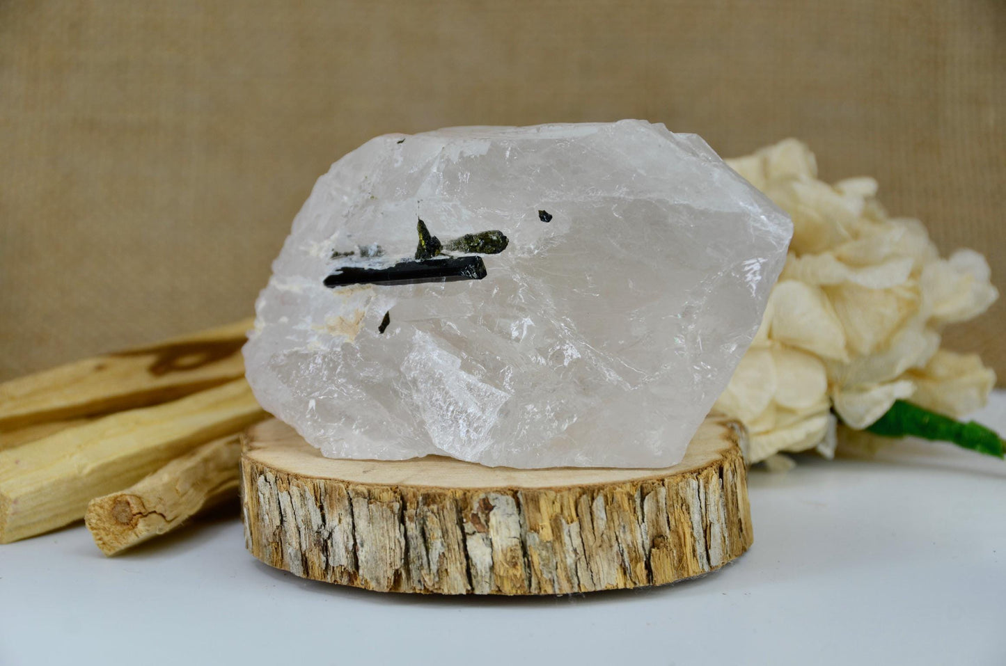 Rose Quartz Overgrowth With Green Tourmaline / Rare Crystal / Metaphysical and Spiritual / Gemstones and Minerals