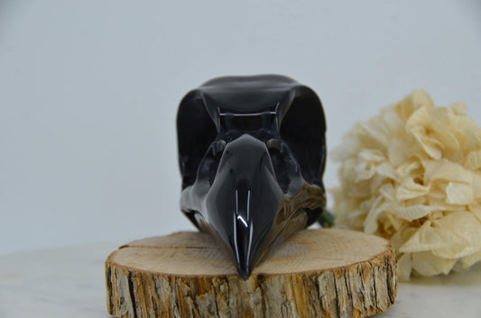 Black Obsidian Raven Skull Carving