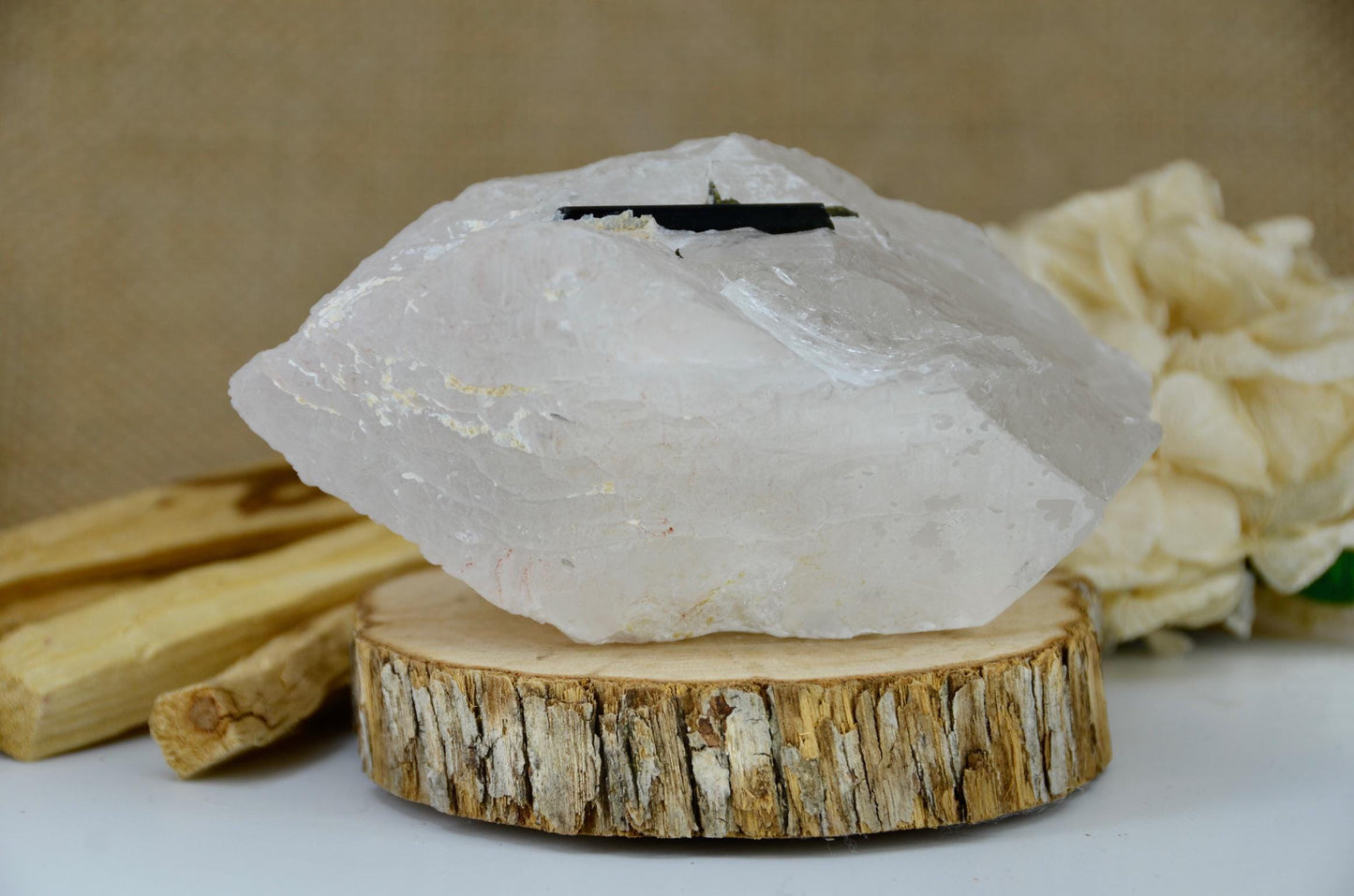 Rose Quartz Overgrowth With Green Tourmaline / Rare Crystal / Metaphysical and Spiritual / Gemstones and Minerals
