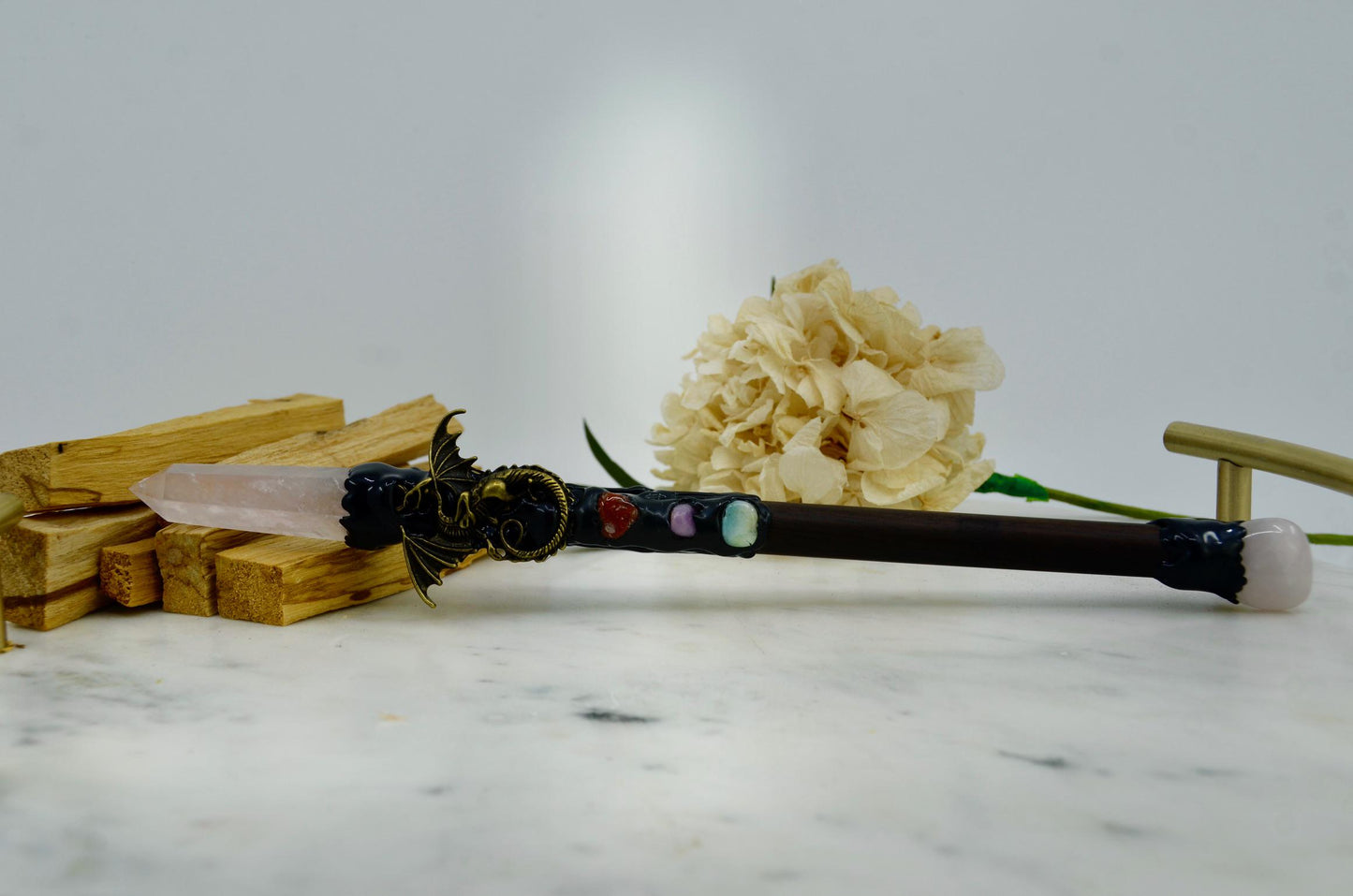 Rose Quartz Crystal Wand with Dragon