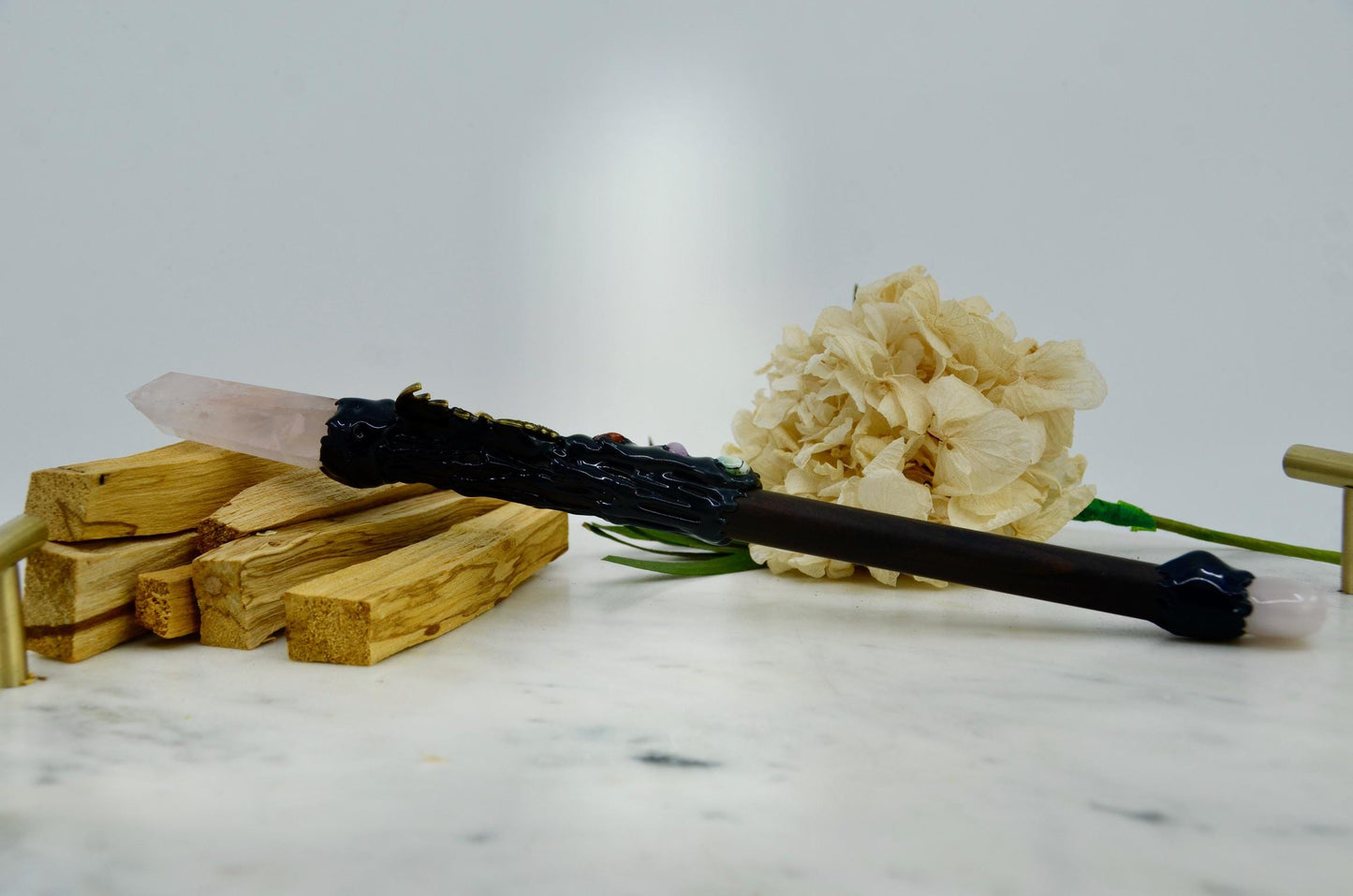 Rose Quartz Crystal Wand with Dragon