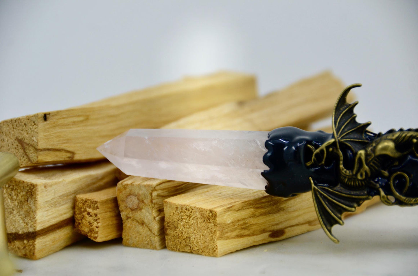 Rose Quartz Crystal Wand with Dragon