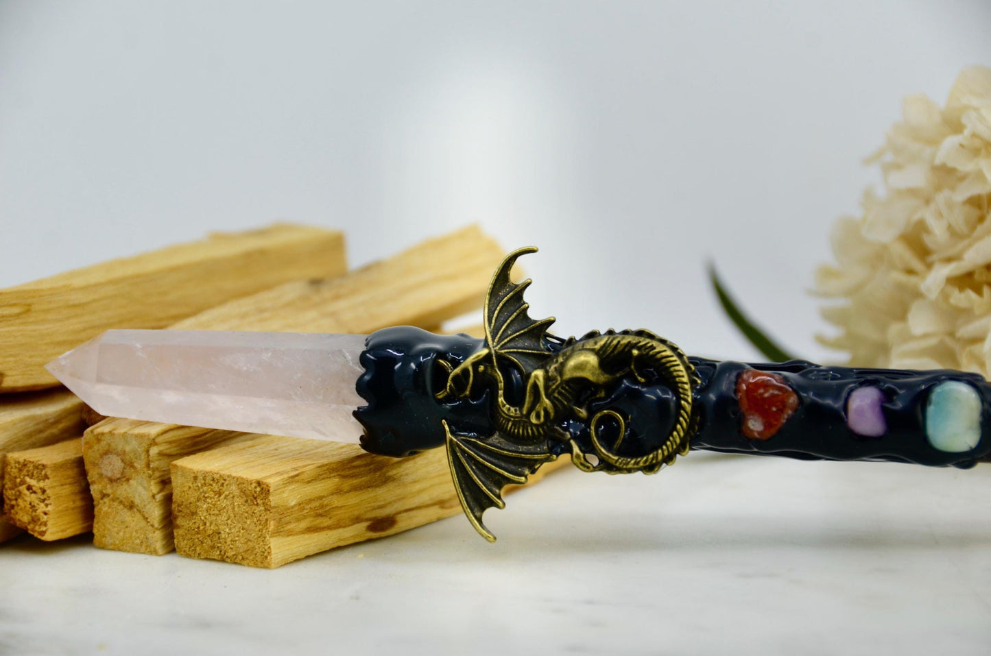 Rose Quartz Crystal Wand with Dragon